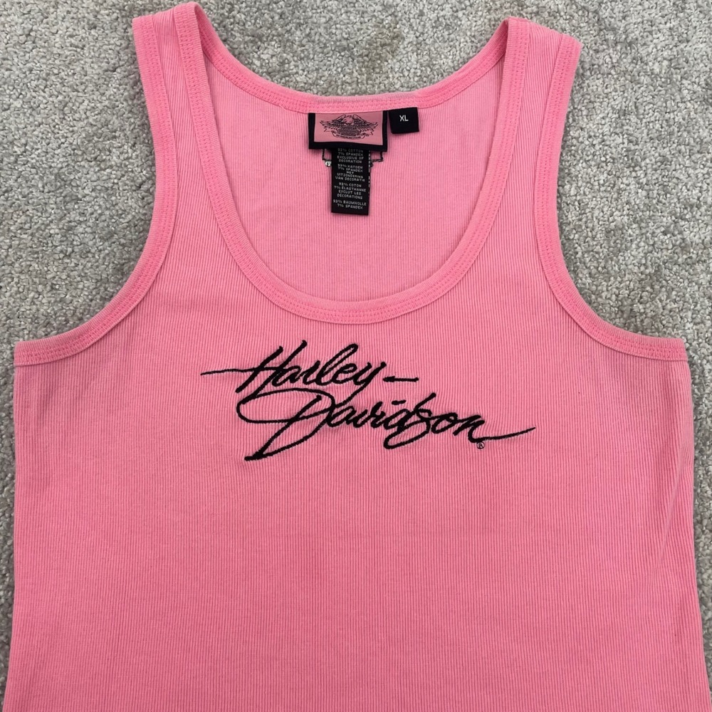 Harley-Davidson Tank Top Womens XL Pink Ribbed Script Logo Barbiecore Coquette